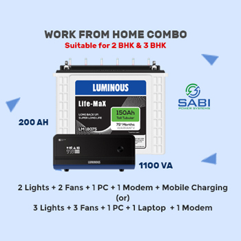 Luminous 1100VA Home Inverter UPS + 200AH TALL Tubular Battery Combo